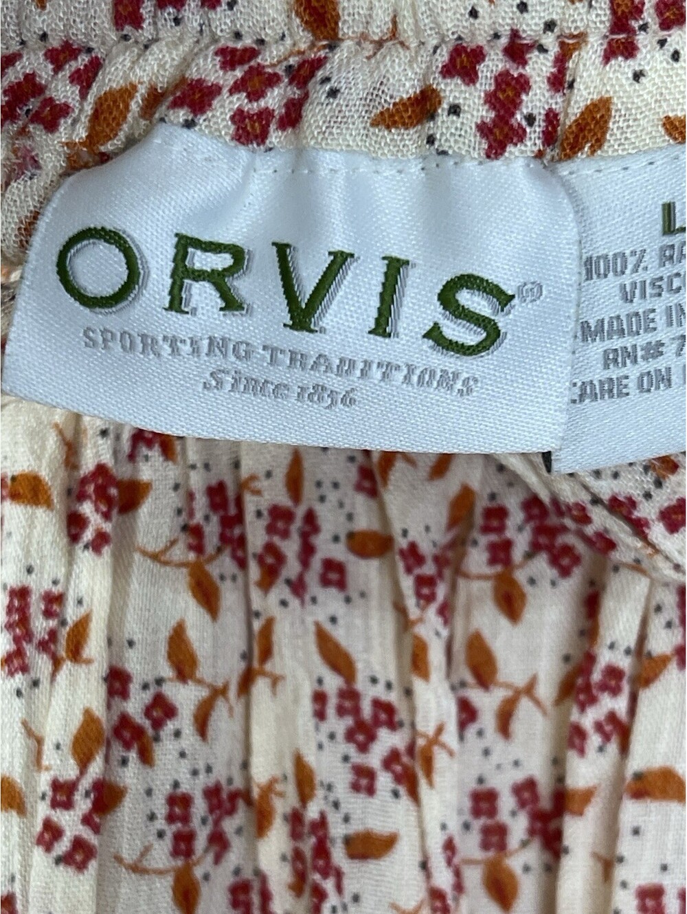 Orvis Maxi Long Skirt Cream Red Floral Orange Leaf Print Elastic Waist Pockets L - Picture 6 of 6